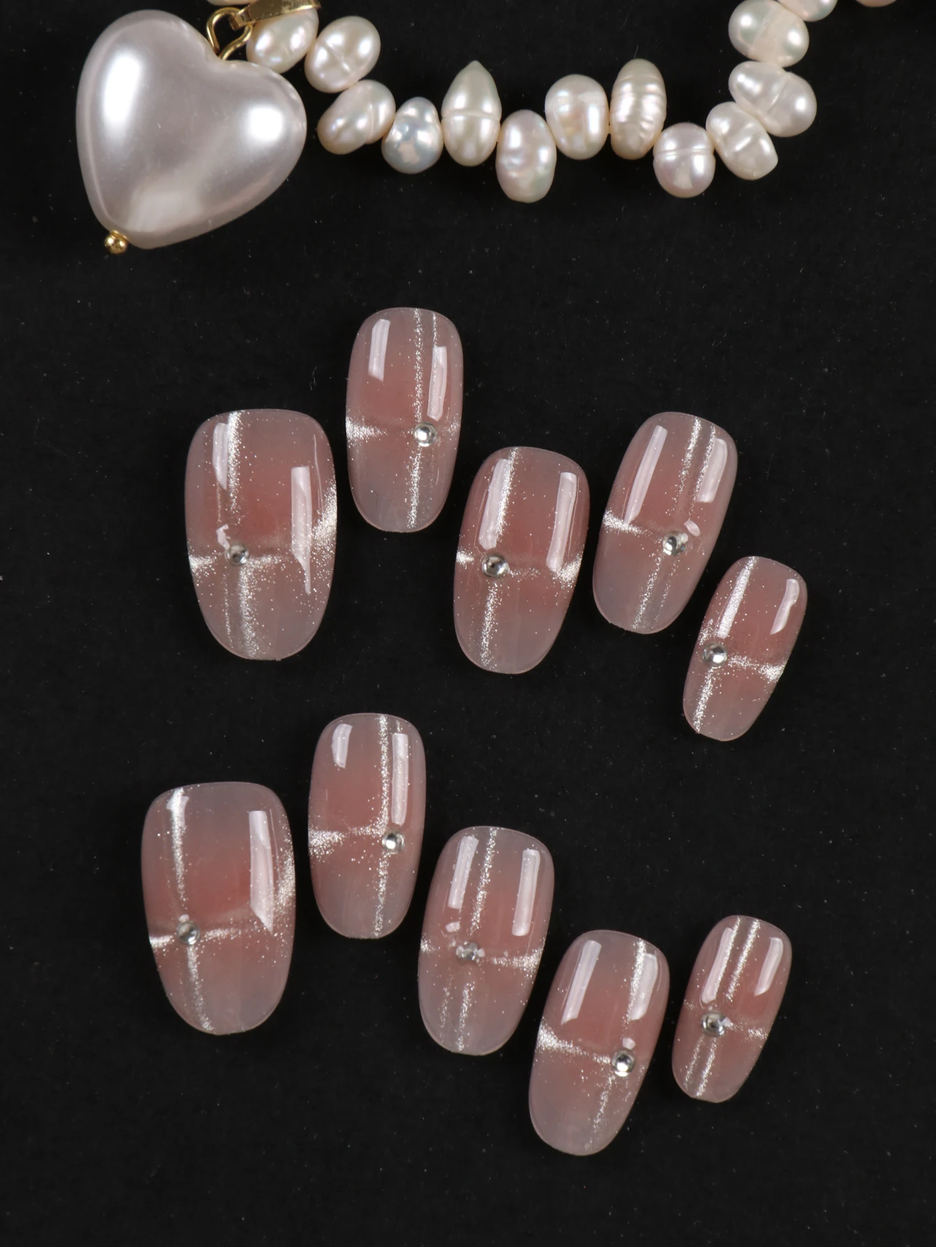 10Pcs Press on Nails  short powder blusher Cross Cat's Eye nail art Fake Nails Includes 1 Sheet Adhesive Tabs & 1 Pc Mini File