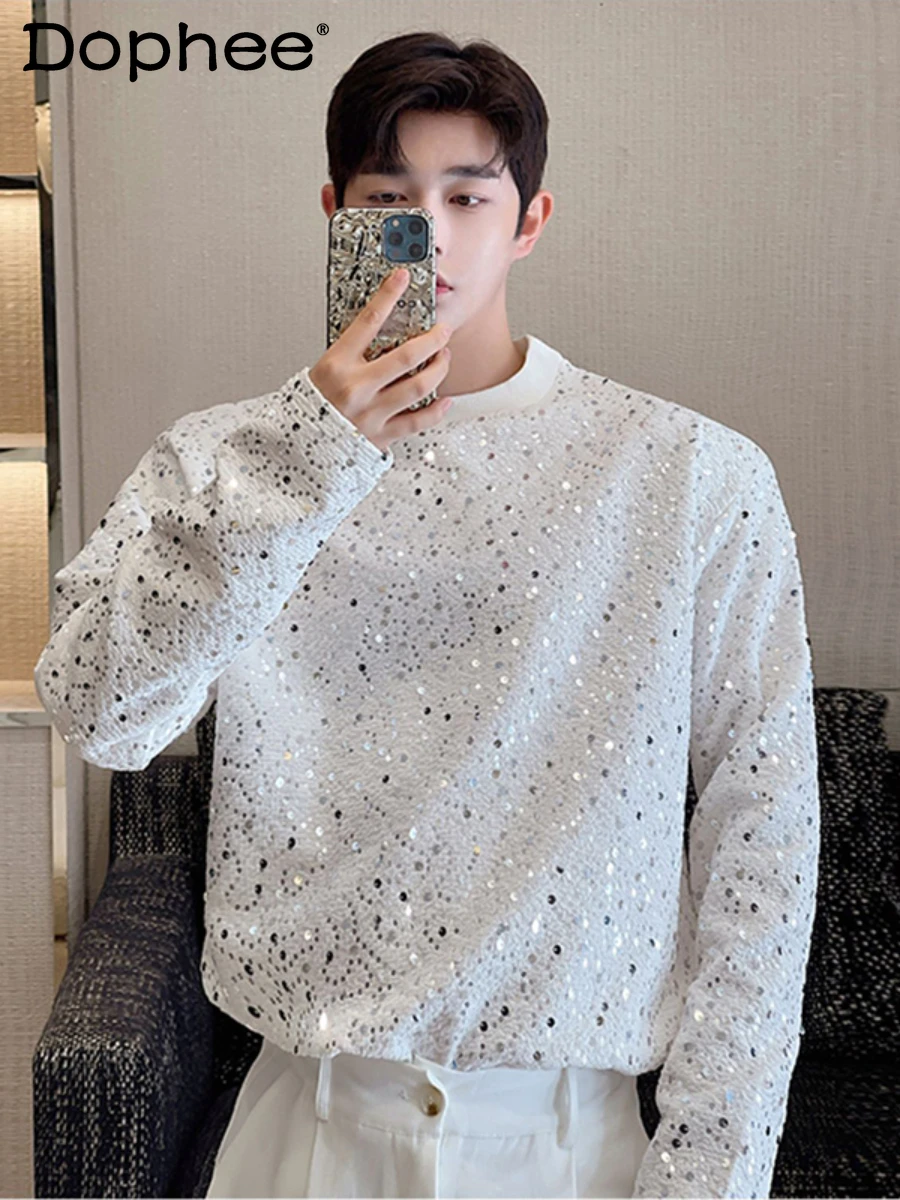 

Fashion Handsome Solid Color Long-sleeve T-shirts Men's Trendy Versatile T-shirt Loose Design Sequined Top Trendy Men's Clothing