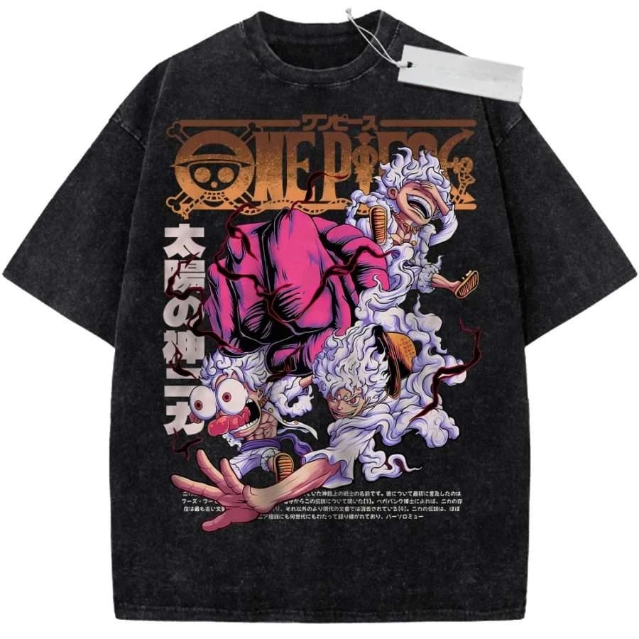 T-Shirt Sport-T-Shirt Kurzarm-T-Shirt Schwarz Unisex Reine Baumwolle Gewaschen Vintage One Piece Rosa Riesige Hand Anime-Druck