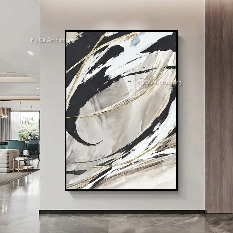 Original Hand Drawn Abstract Oil Painting Bold Black White Brush Strokes with Gold Leaf Contemporary Textured Canvas Wall Art