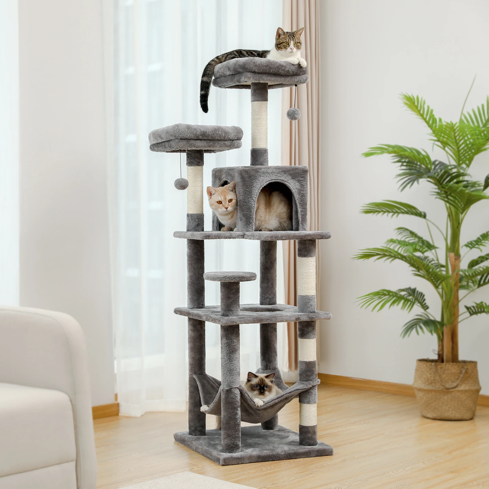 Árvore de gato de vários níveis com postes de arranhões, rede aconchegante, torre de gato de pelúcia para interior, cama de condomínio de gato, acessórios de gato, brinquedos de gato