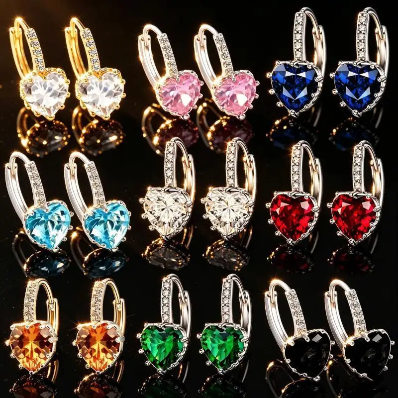 1 Pair Shiny Heart Zirconia Hoop Earrings Classic Fashion Hypoallergenic Jewelry for Women Wedding Party Daily Use