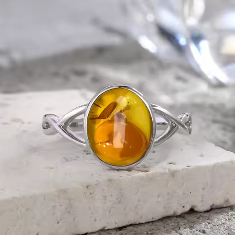 S925 Sterling Silver Ring With Natural Amber Stone Flower Shape Oval Petal Amber Stone Gifts Fine Jewelry For Women