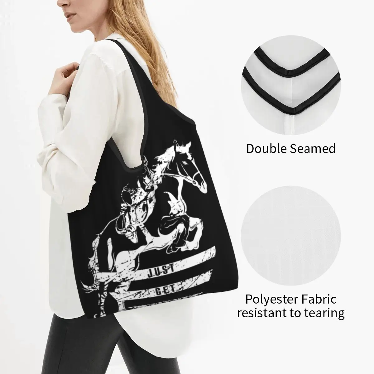 Custom Cute Show Jumping Horse Shopping Tote Bag Portable Equestrian Sports Groceries Shopper Shoulder Bag