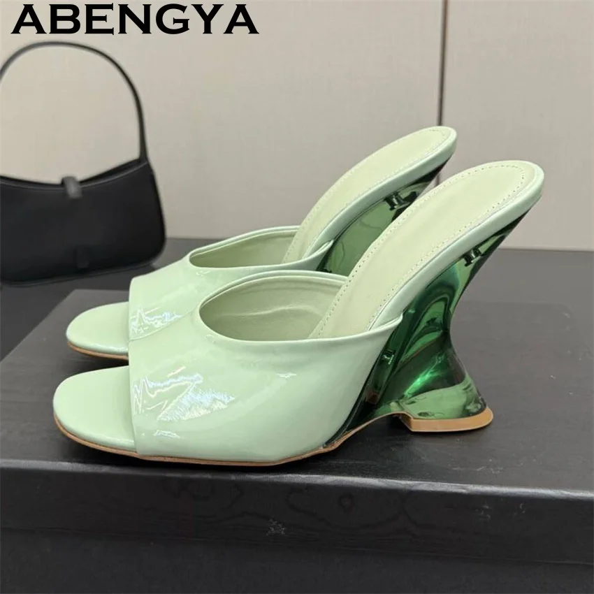 

Patent Leather Clear Wedge-soled Heel Slippers Women Round Open Toe Slipsole Slippers Summer Slipsole Dress Party Shoes Mujer