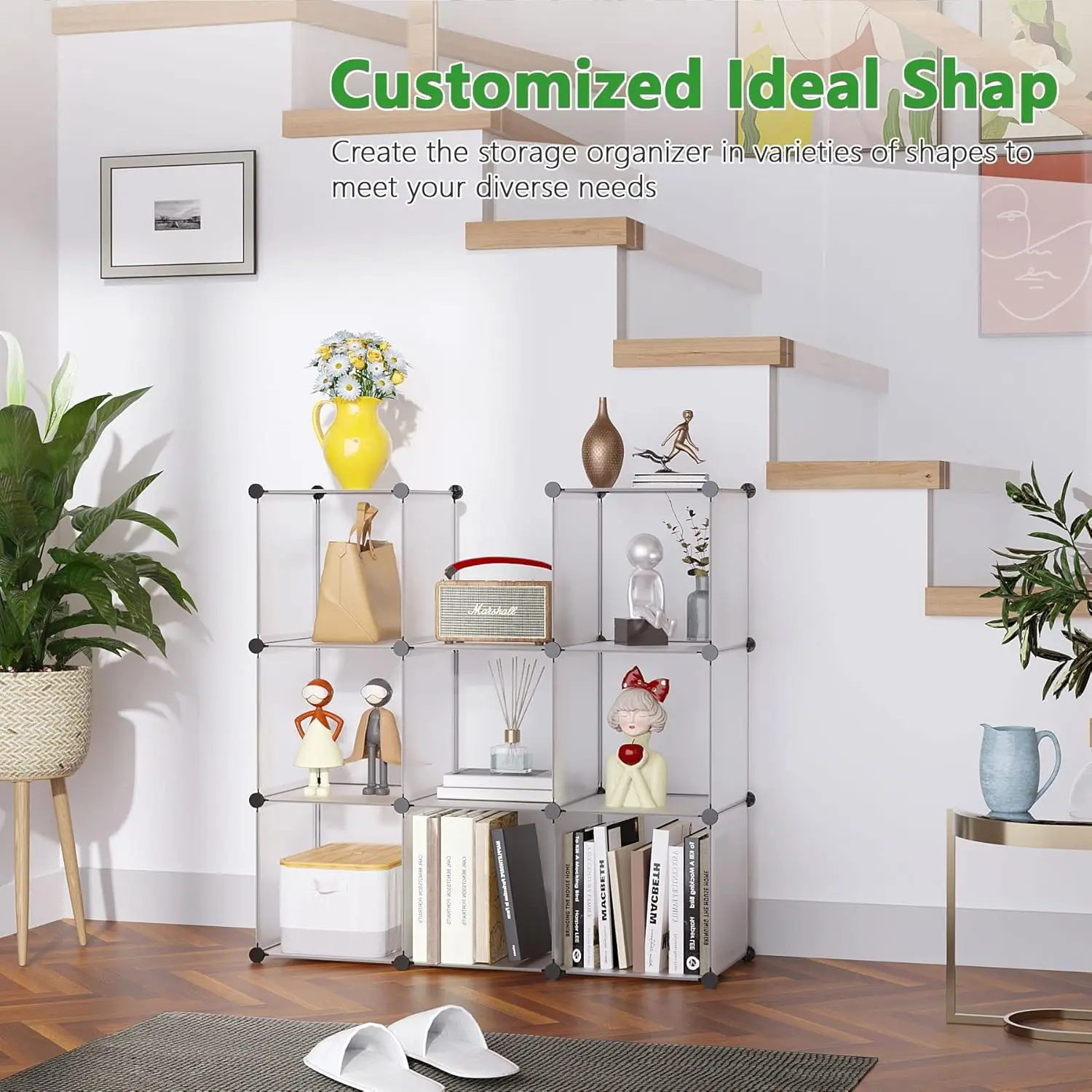 9-Cube Plastic Storage Organizer, DIY Stackable Bookshelf, Modular Shelving for Home Office Kids Room, Translucent White