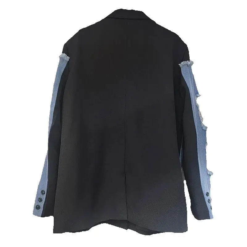 

2025 Autumn New Fashion Women Contrasting Color Patchwork Suit Denim Jacket Loose Long Sleeve Vintage Jeans Coat Female Top W849