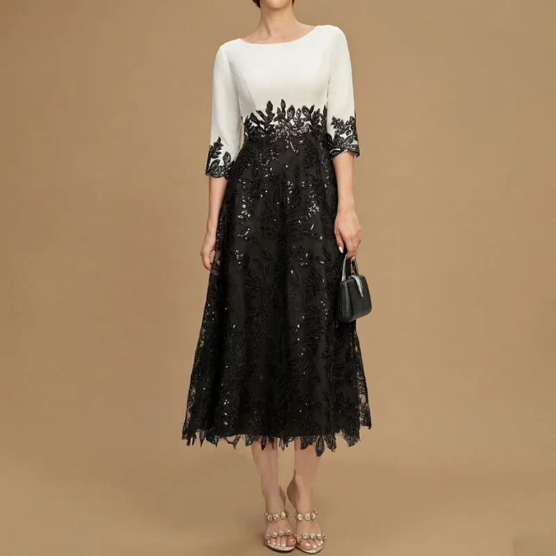 Sparkle Sequins Mother of the Bride Dresses Lace Boat-Neck Tea-Length A-Line Elegant Wedding Guest Party for Women 2023 Evening