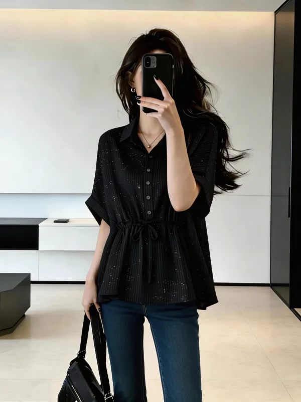 

Elegant Black V-Neck Short Sleeve Shirt Women's Fashion Summer New plus Size Slim Fit Top Korean Style Commute Wind Loose Fit