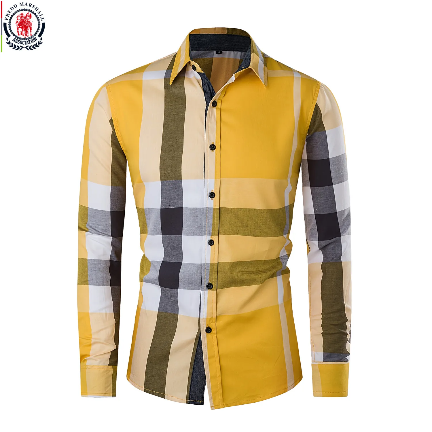 Fredd Marshall 2023 New Fashion Patchwork Plaid Shirt Men Casual Button Down Long Sleeve 100% Cotton Dress Shirts Social Tops