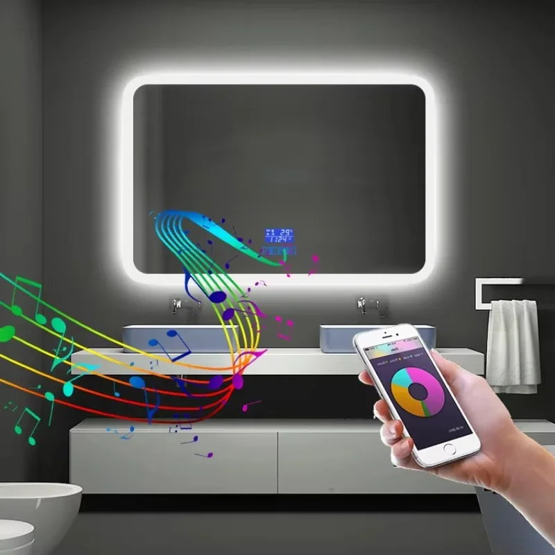 

Hotel Bathroom Mirror Speaker Music Makeup Smart Lighted Led Mirror Touch Screen Bath Mirrors With Light