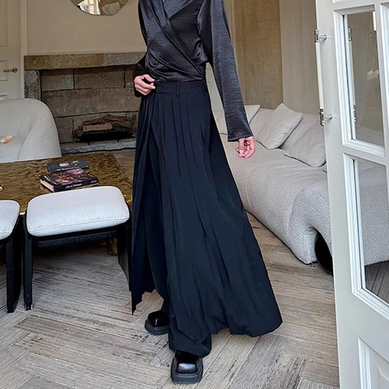 WTHT Modne męskie spodnie w jednolitym kolorze, dwuwarstwowe, plisowane, modne, codzienne spodnie z wysokim stanem, proste spodnie męskie 2025 Summer 2A1163