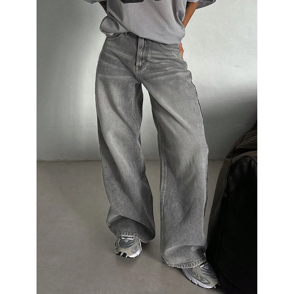 American Vintage Fashion Women's Grey Casual Trendy Basic Dialy Wide Leg High Waist Denim Trousers Female Jeans Pants Clothes