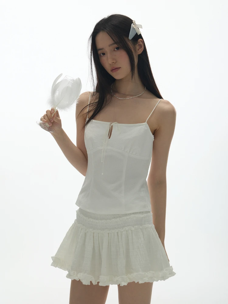 

White Dstring Strap Vest Women's Inner Wear Outerwear Weaving Belted Waist Slimming Sexy Strapl ort Polyester Fiber