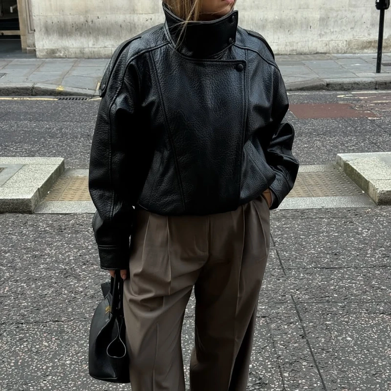 TARUXY mode litchi modèle veste en cuir femmes col montant boutons fermeture éclair poche épissage automne femme haute rue manteau