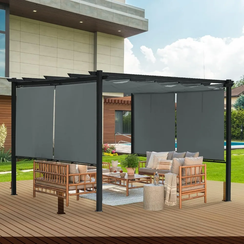 12x12FT Outdoor Pergola,with Retractable Shade Canopy, Dark Gray Matte Aluminum Frame,Roller Shade Curtain,Grape Trellis Pergola