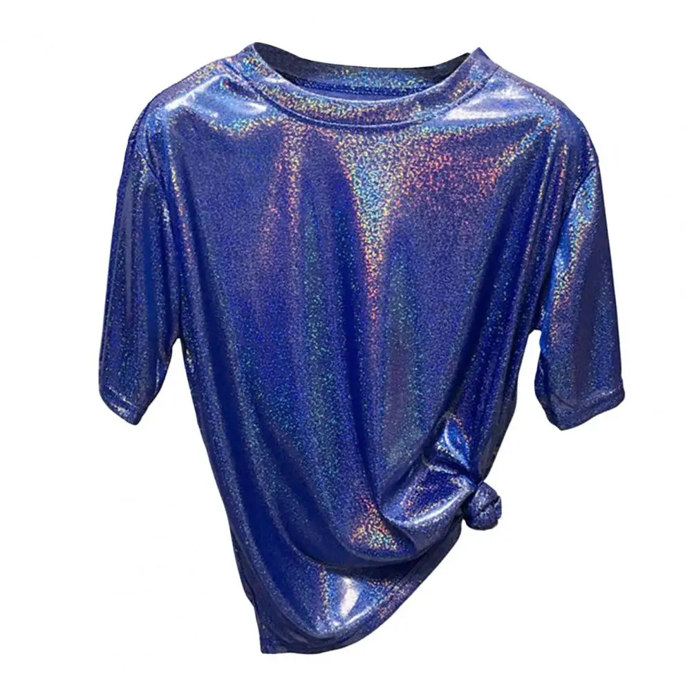 

Reflective T-shirt Glittery Reflective Women's Performance T-shirt Loose Fit Short Sleeve Party Dance Top Stylish Round Neck