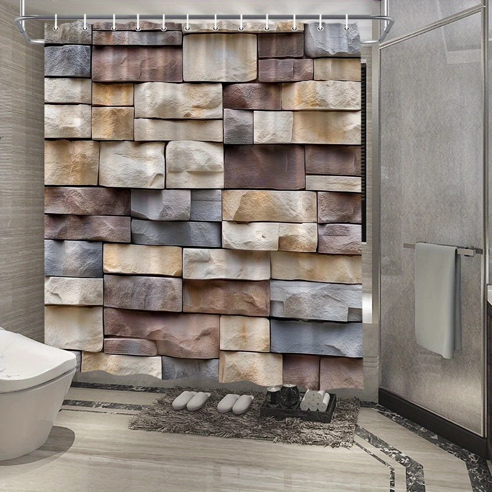 Rustic Stone Wall Shower Curtain - Waterproof, Mildew-Resistant with 3D Brick Design for a Modern and Textured Bathroom Decor