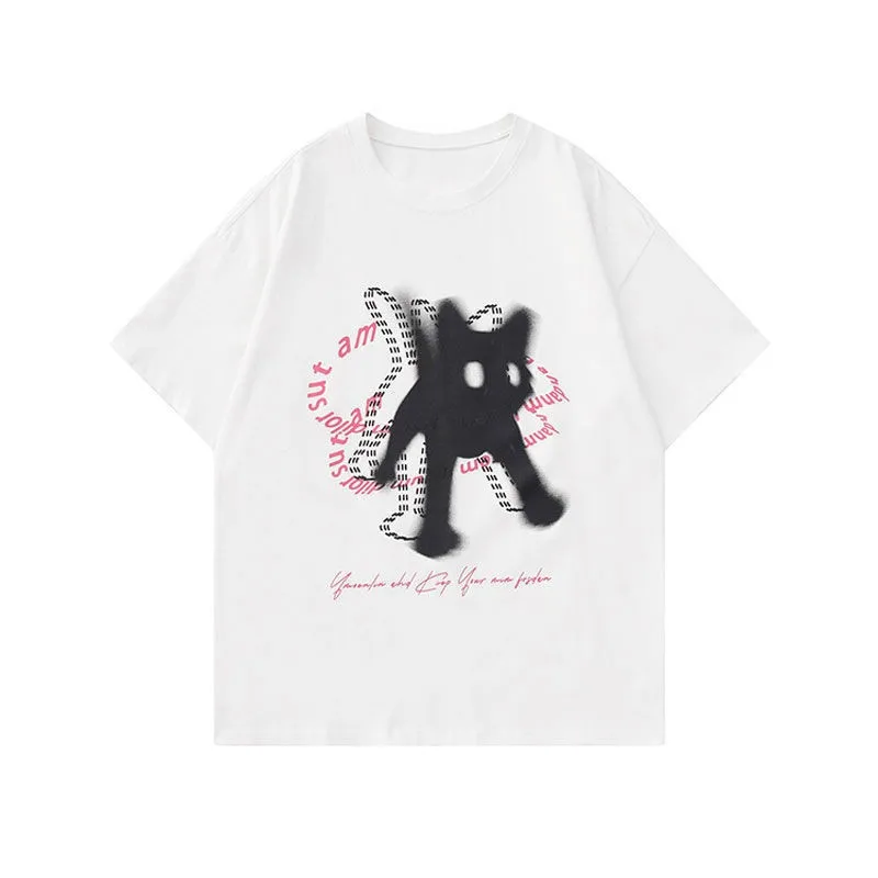 

2025 Summer New Arrival Women's Cute Cartoon Scared Kitten Print T-shirt Loose Breathable and Comfortable