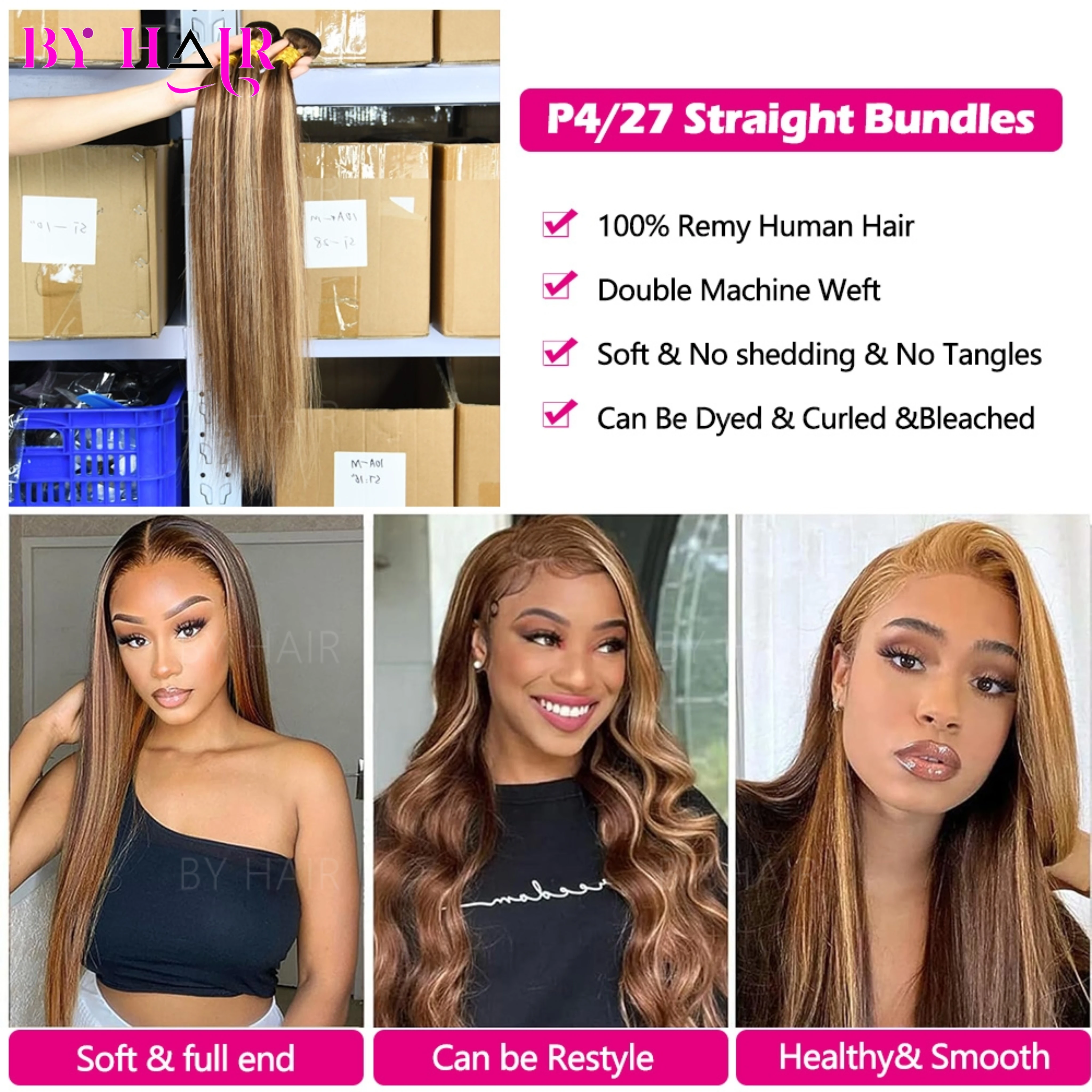 تسليط الضوء على حزم حزم من شعر طبيعي مفرود للنساء براون حزم شعر أشقر ضفيرة شعر ملونة حزم ملحقات P4-27 #3