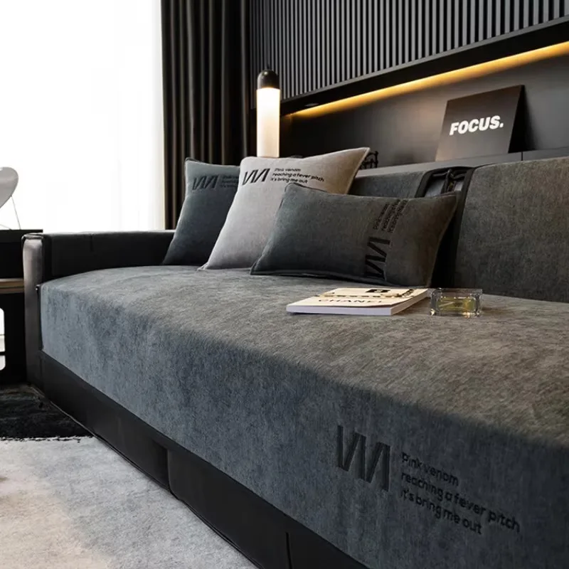 Modern High End Luxury Solid Color Chenille Sofa Pad, Non-Slip Elegant Minimalist Couch Mat for Living Room Home Decor