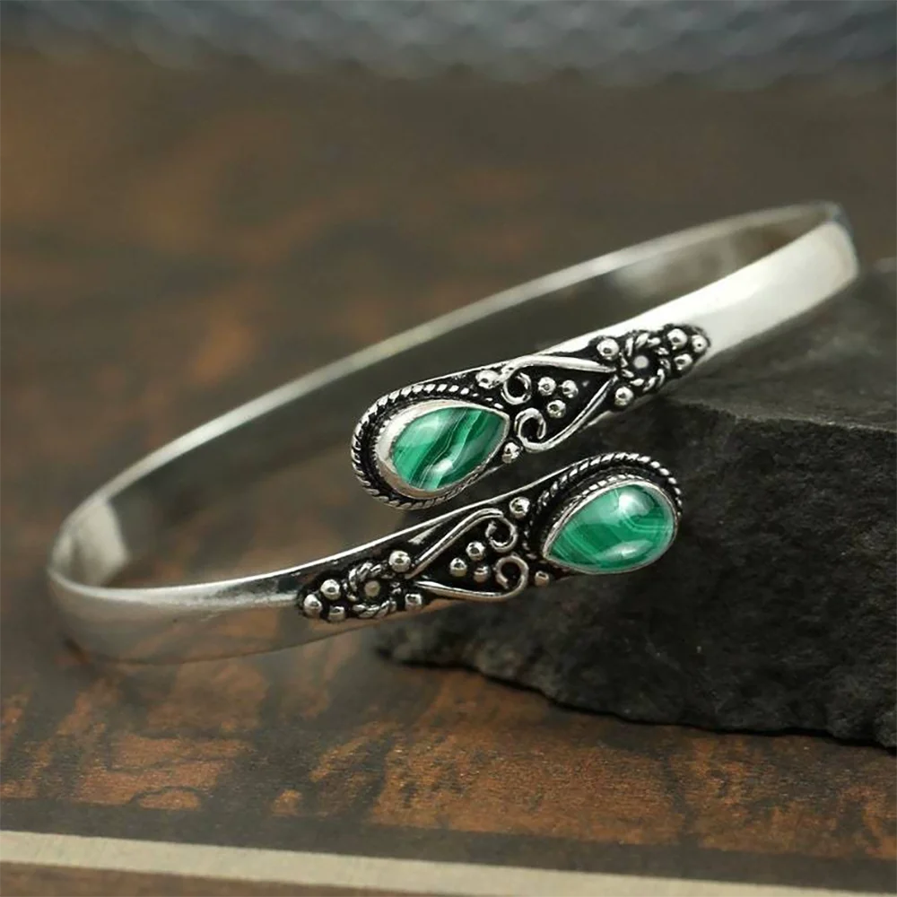 A fashionable retro inlaid imitation green agate water drop men and women adjustable open bracelet, bohemian style summer hundre image 5