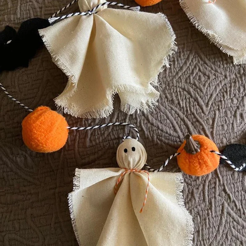 Guirnalda de fantasmas de algodón para Halloween, pancarta de calabaza y murciélago, decoración de pared rústica hecha a mano para marco, puerta y ventana