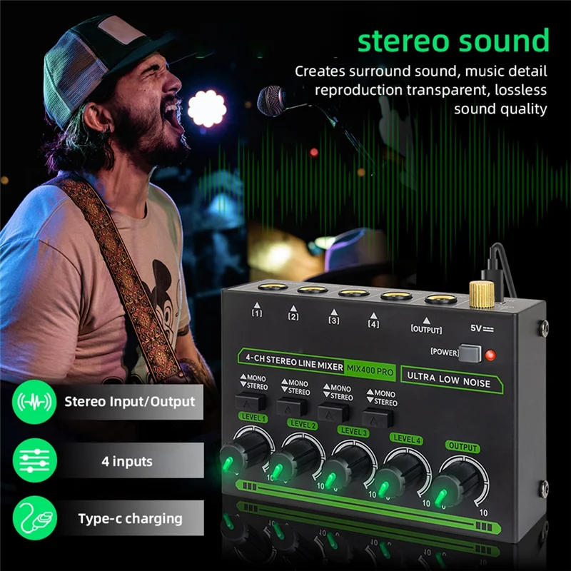 

B04B-Mix400 Pro 4-канальный профессиональный звуковой микшер с RGB-подсветкой Мини-аудиомикшер Линейный микшер Маленький аудиомикшер для клубного бара