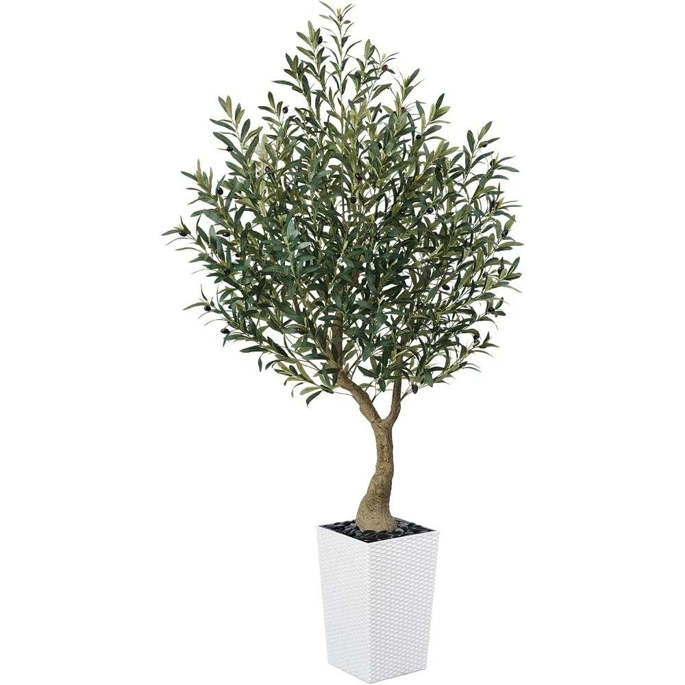 

6 Feet of Artificial Olive Tree, Tall Fake Tree, Decorated with Black Pots and Pebbles for Indoor and Outdoor Use