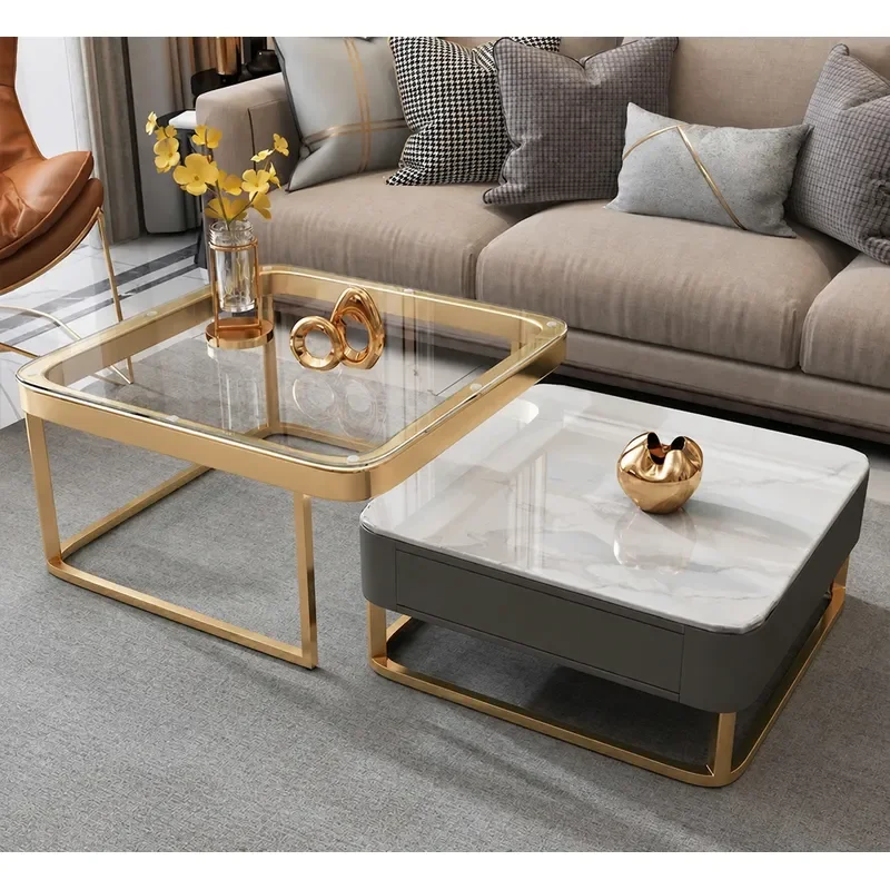 Italian Style Light Luxury Glass Coffee Table with Rock Slab Top Square Combination Design for Small Apartments Minimalist