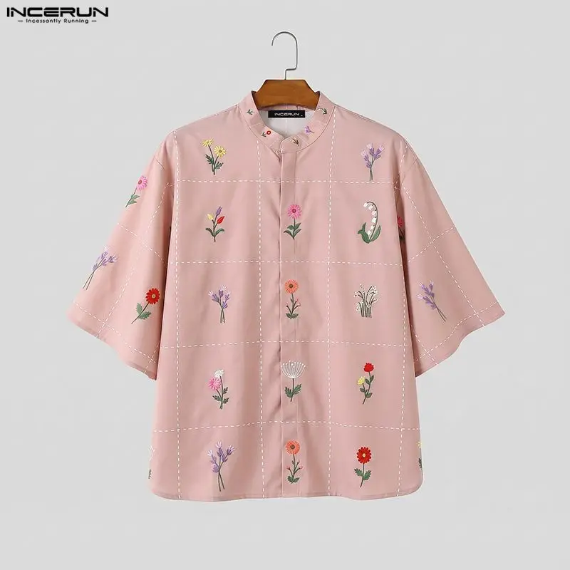 INCERUN Men's Shirt Flower Printed Stand Collar Half Sleeve Loose Men Clothes Streetwear Summer Vacation Casual Tops Male Shirts