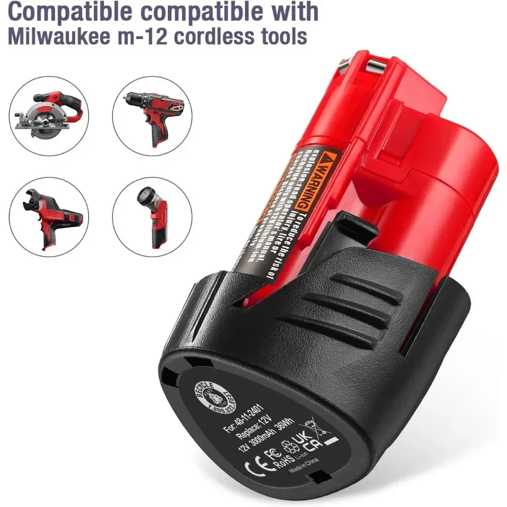 M12 3000mAh Replacement Battery for Milwaukee M12 XC Cordless Power Tools Replace 48-11-2401,48-11-2402,48-11-2440,48-11-2411