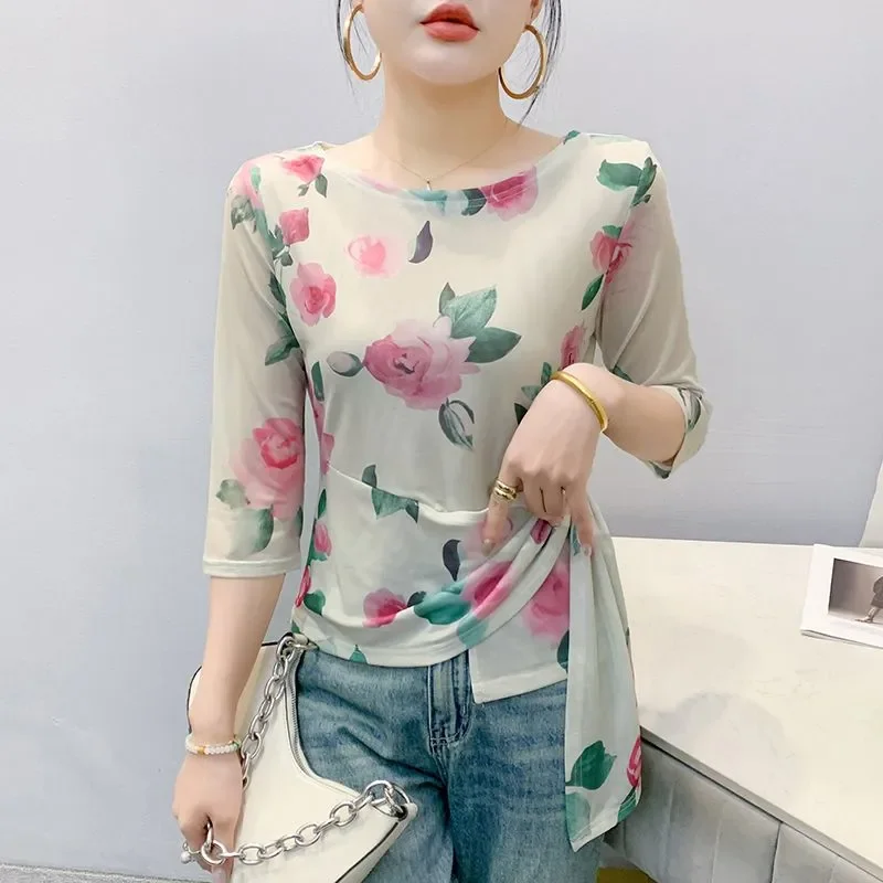 Summer Women's Floral Print Blouse Casual Asymmetrical Hem Half Sleeve Mesh T-shirt
