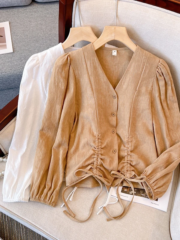 

Женская модная повседневная блузка больших размеров с длинным рукавом, V-образным вырезом и завязками, приталенного кроя