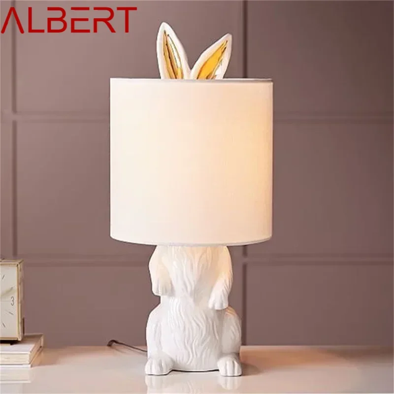 Lámpara de mesa de resina ALBERT, pantalla de conejo blanco creativa moderna, luz LED de escritorio para el hogar y la sala de estar