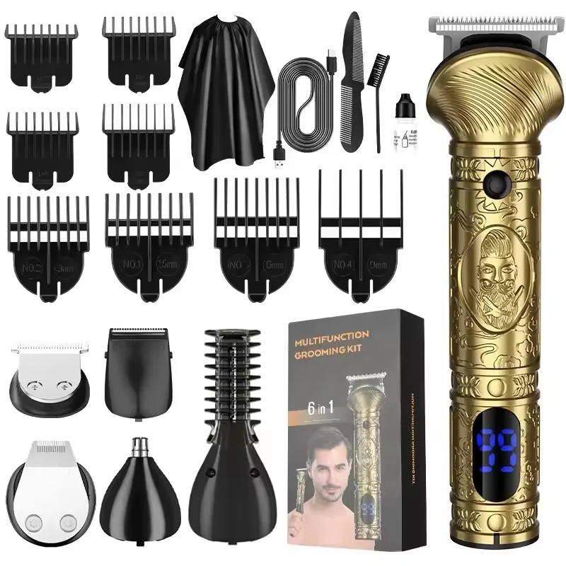 RESUXI 697 Professional Barber Cordless Full Set 6 in 1 Clipper and Trimmer Set Electric All Metal Hair Clipper Set Usb 2 Hours