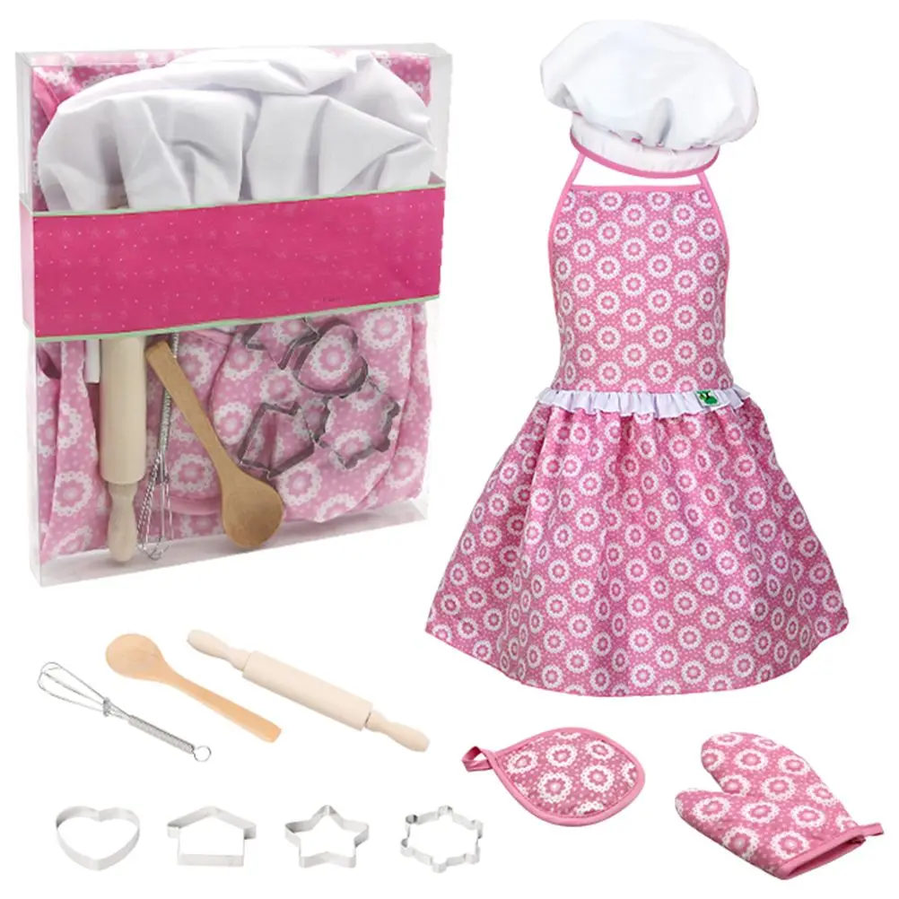 11pcs Kitchen Supplies Set Kids Role Play Chef Costume Bamboo Kitchenware Toy Educational Pretend Play Set