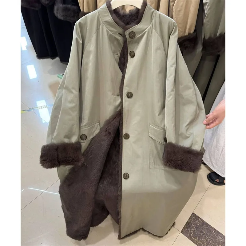 

2025 шерсть кролика, внутреннее пальто, верхняя одежда, женское новое свободное длинное пальто с мехом, зимняя мода, однобортное пальто-ветровка