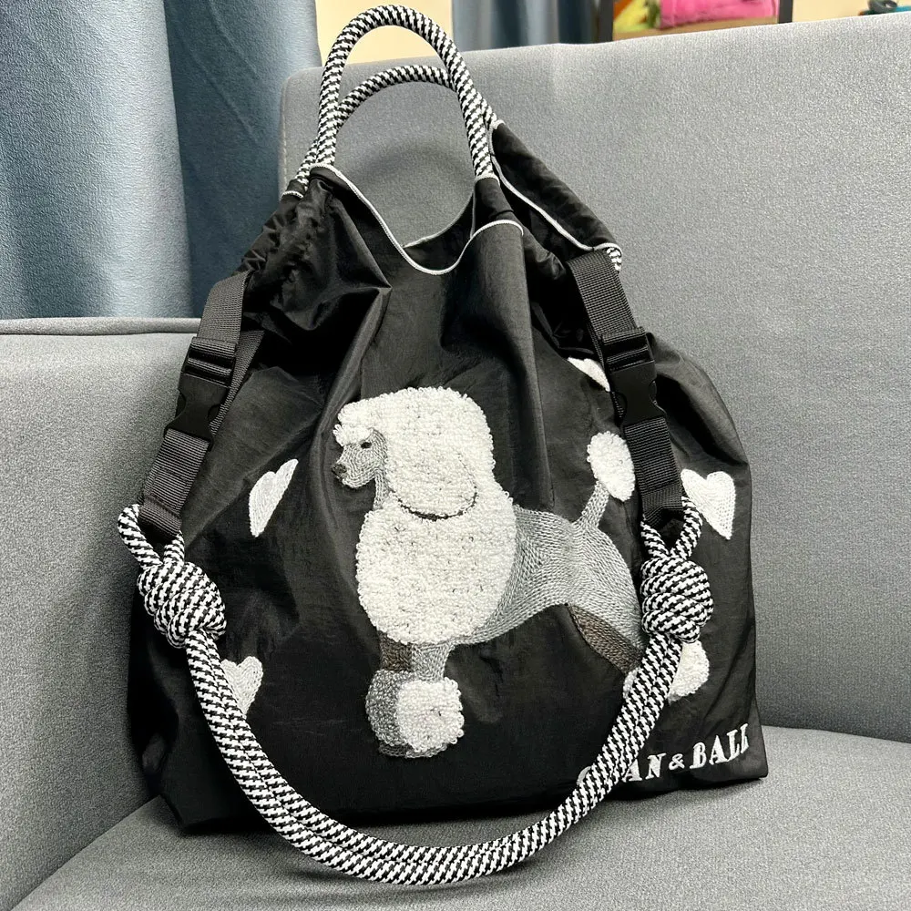 Kawaii Embroidered Shopping Bag Anime Cute Large Capacity Poodle Storage Nylon Bag Single Shoulder Crossbody Bag for Women Gift