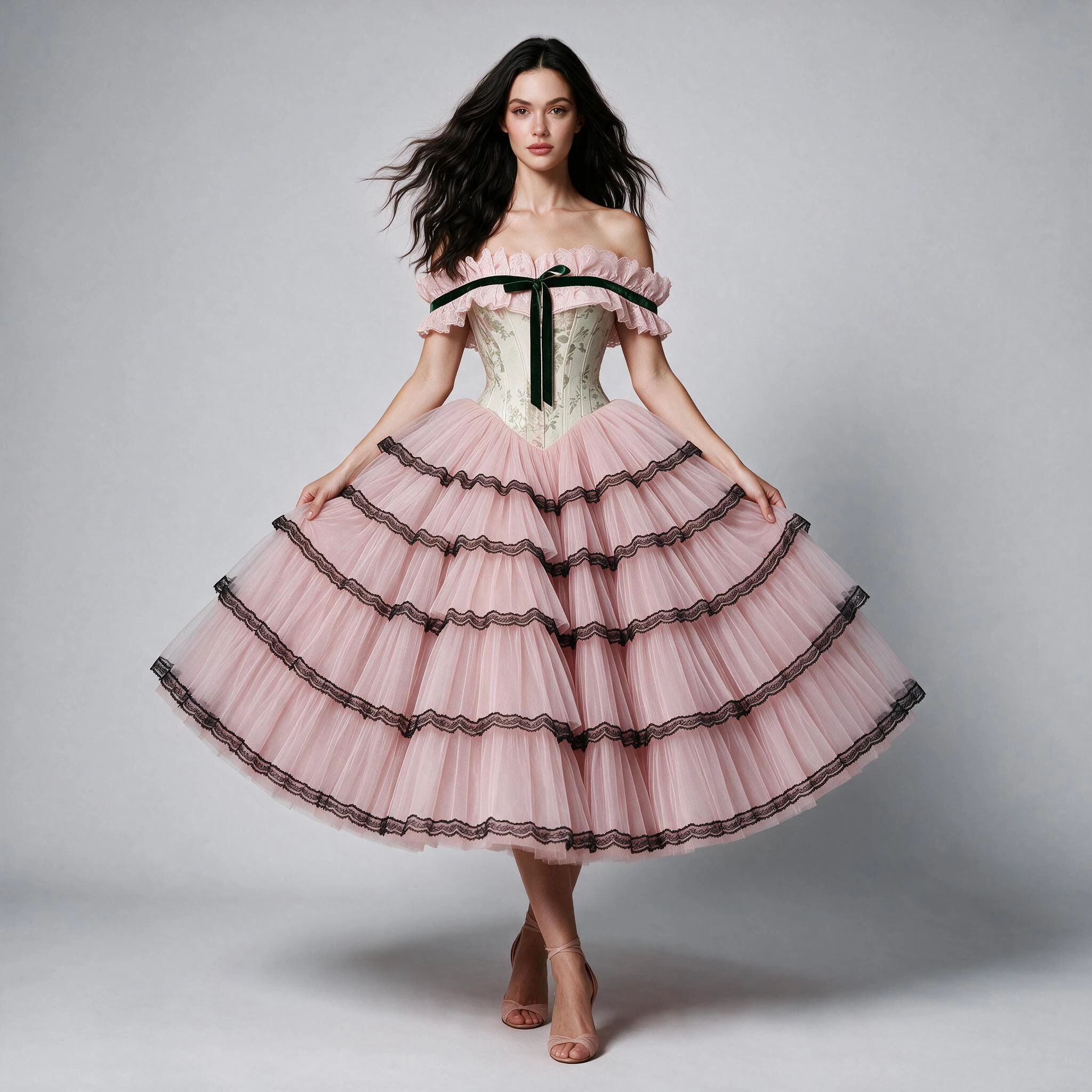 Pink Off-Shoulder Floral Princess Dress with Black Lace Trimmed Tiered Skirt WT268022