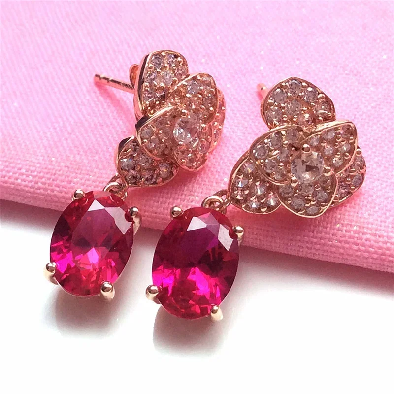 Luxo incrustado cristal brincos para mulheres, flor rosa, brincos rubi, jóia vermelha, jóias para casamento, banhado a cobre, ouro, criativo, luxo