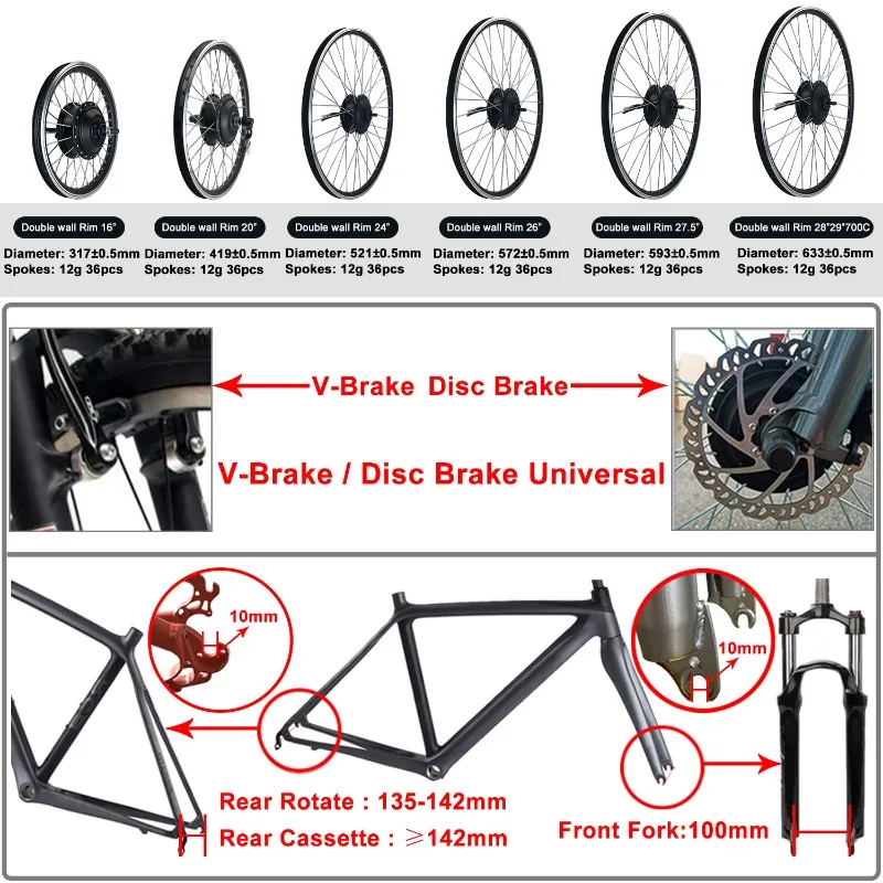 Zestaw do konwersji roweru elektrycznego Silnik tylnego przedniego koła 36V 48V 1000W 500W 350W 250W Zestaw Rower elektryczny 20in 26in