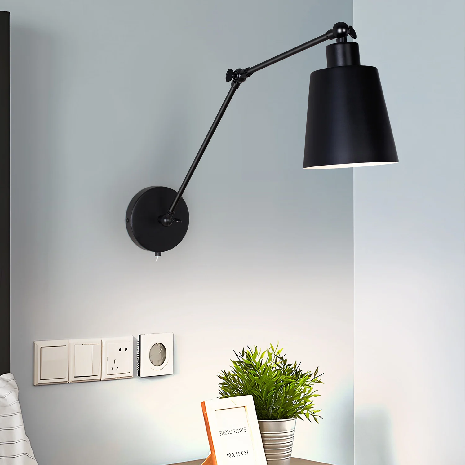 Swivelling Arm Wall Lights with Switch, Wall Scone Wall Sconce Lighting Fixture (Includes Bulb), Bedside Lamp with Cone Lampshad