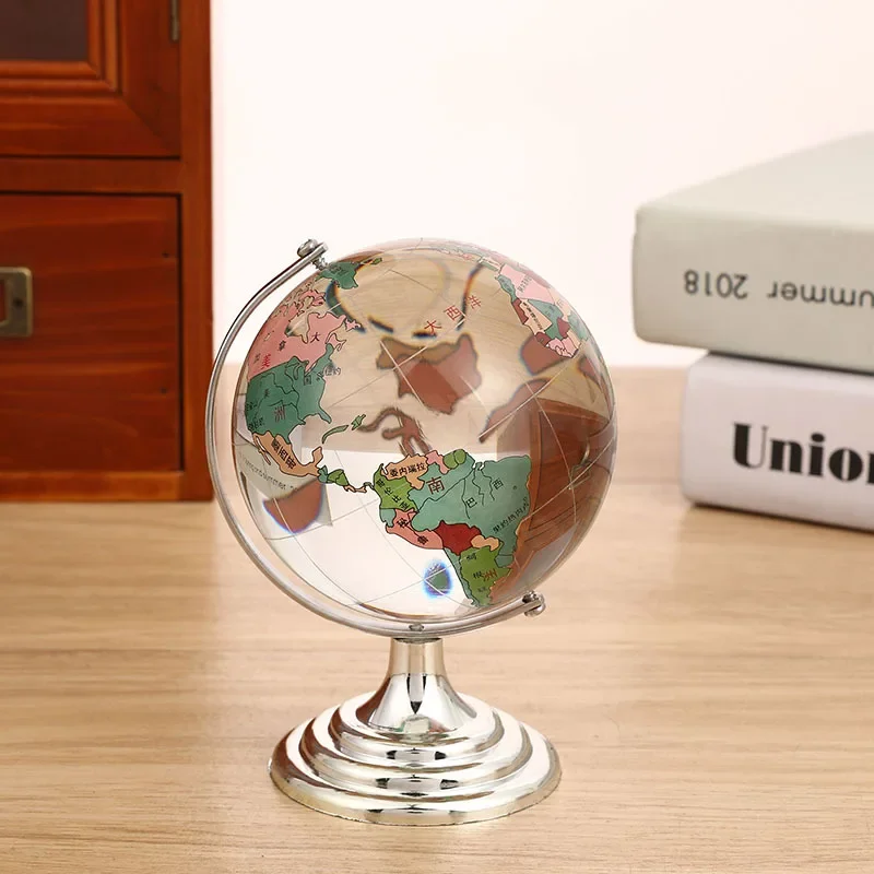 6/8cm Round Earth Globe World Map Crystal Glass Clear Ball Sphere Figurine With Metal Holder Home Decor Office Desktop Ornament