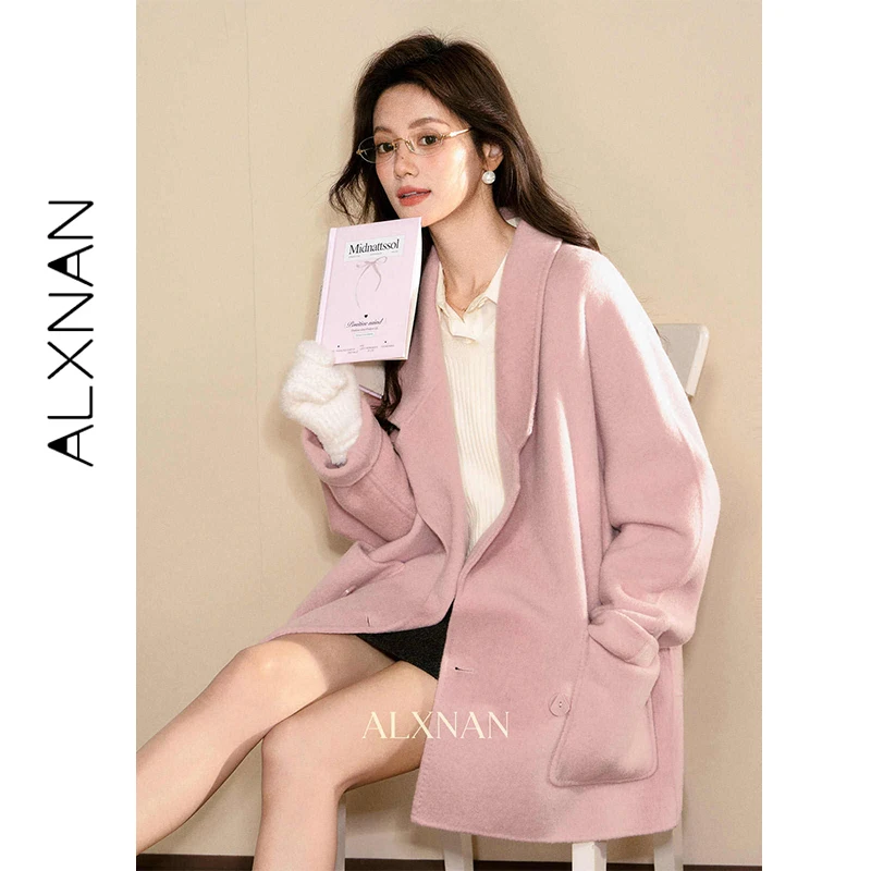 

ALXNAN Pink Woolen Coat Oversize Notched Lapel Collar Bottom Pockets Short Blends Spring Warm High-quality Jackets Female L58157