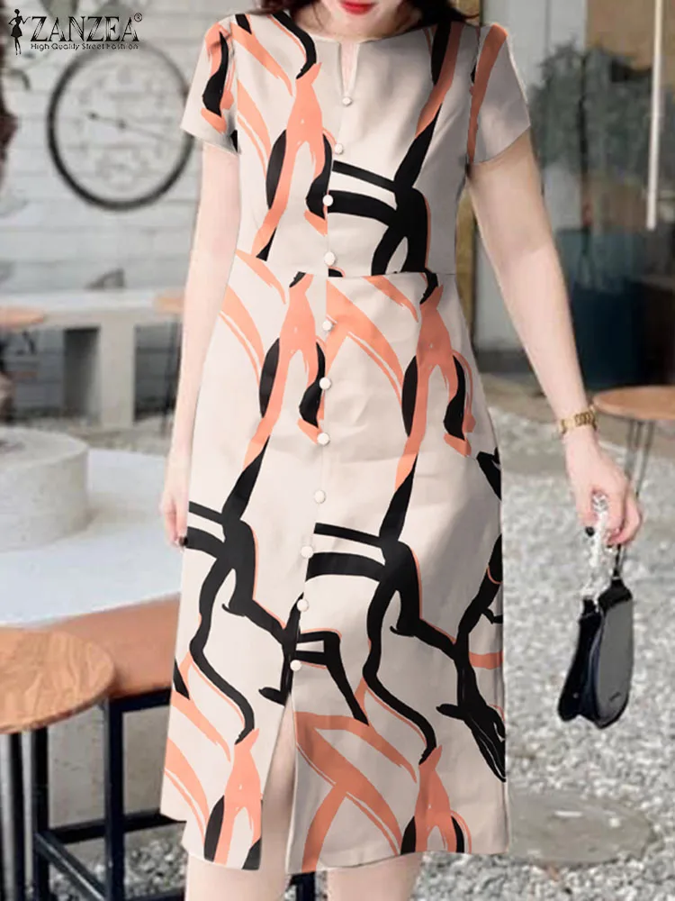 

ZANZEA Women Long Vestidos 2024 Summer Printed Midi Dresses Fashion V-neck Short Sleeve Dress Holiday Korean Loose Slit Robes