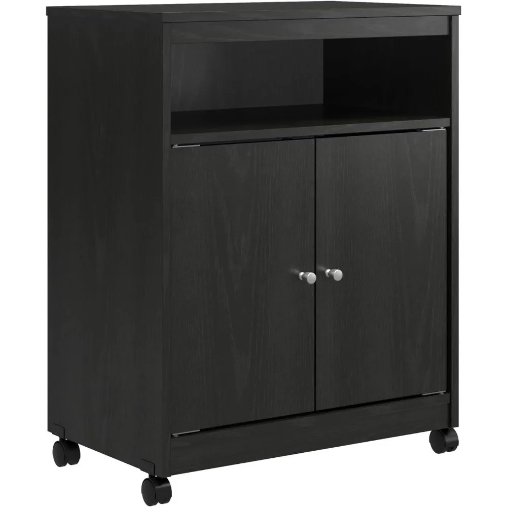 عربة ميكروويف من خشب البلوط الأسود مع عجلات دوارة لتنظيم المطبخ #3