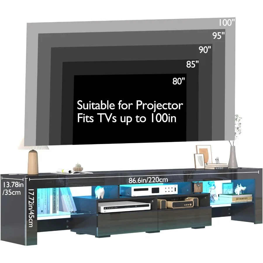 حامل تلفزيون LED 86.6 بوصة لتلفزيون 85/90/95 بوصة حامل تلفزيون أسود حديث لغرفة المعيشة مركز ترفيه تلفزيون عالي اللمعان مع 2 كبير