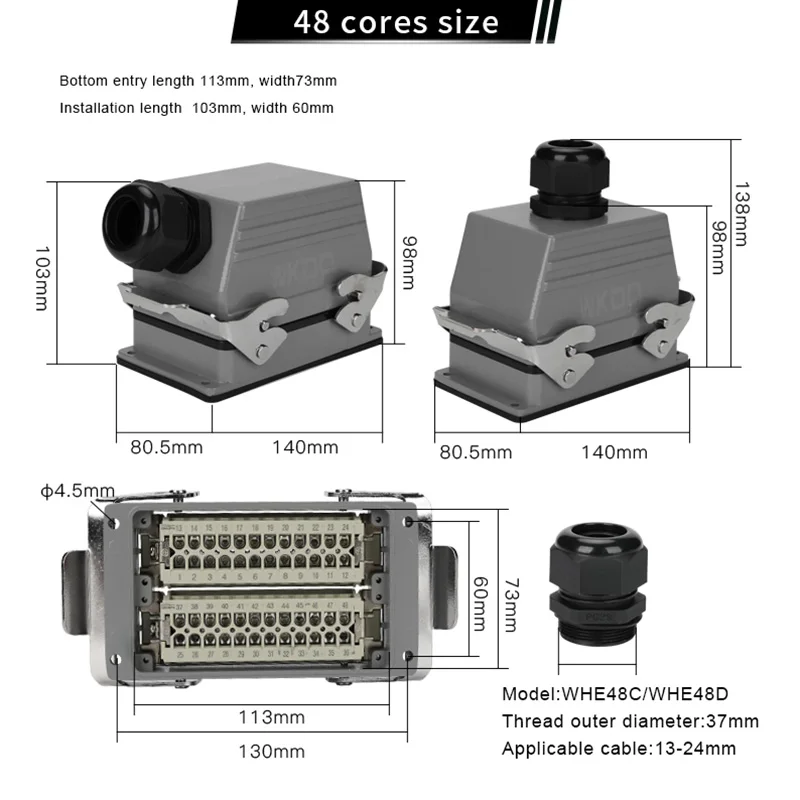 HDC-HE-048 Industrial Heavy Duty Connector 48 Core Cable Inserts Waterproof Socket 16A 500V HE48 Top/Side Rectangular Housing