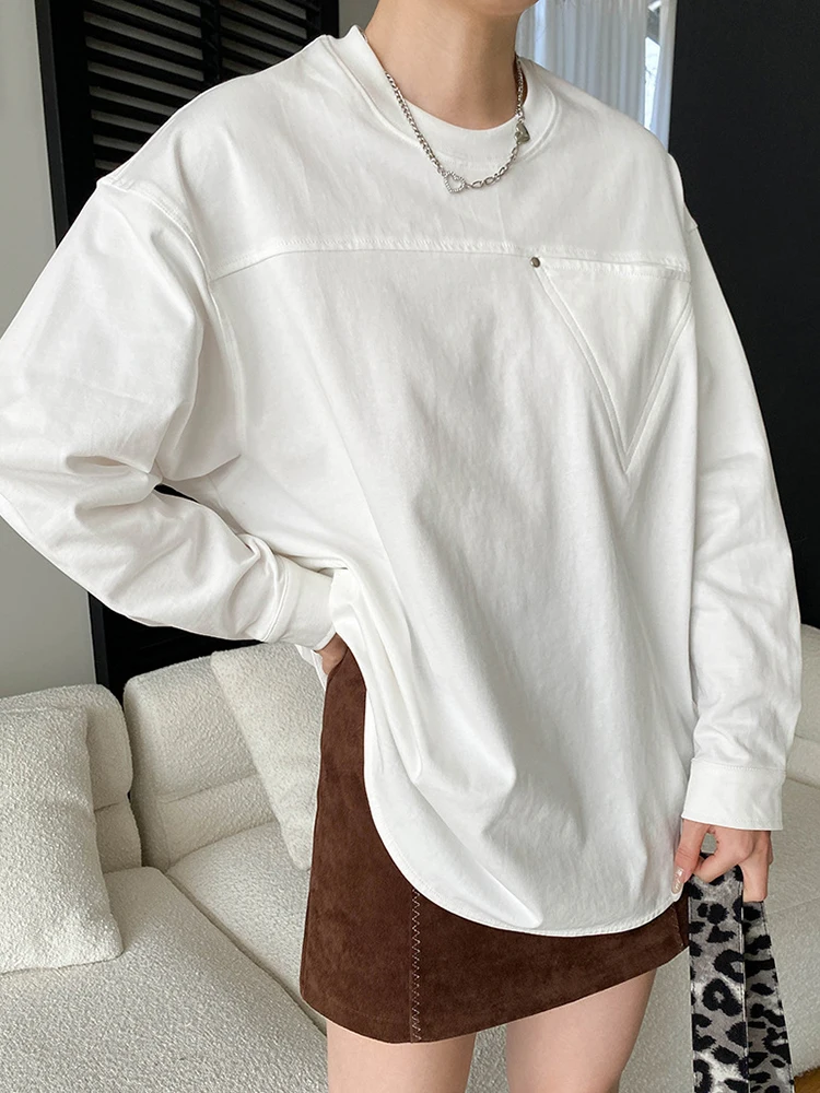 YERMORA White Asymmetric Pocket Brief Casual T-Shirt For Women O-Neck Long Sleeve Loose New Tops Fashion Tide Spring Autumn 2026
